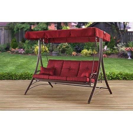 Mainstay Patio Canopy Metal Porch Swing 3 Seat Solid Print Callimont Park  In Red Throughout Canopy Porch Swings (View 6 of 20)