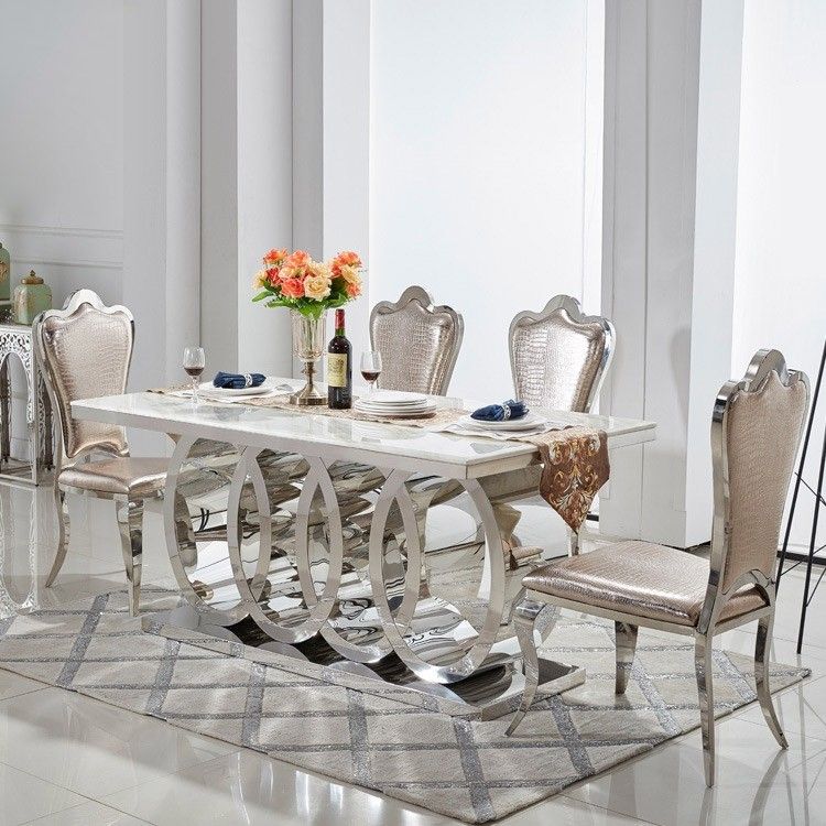 Modern 72" Rectangular Pedestal Dining Table Faux Marble & Stainless Steel  In Chrome In Well Known Faux Marble Finish Metal Contemporary Dining Tables (Photo 11 of 20)