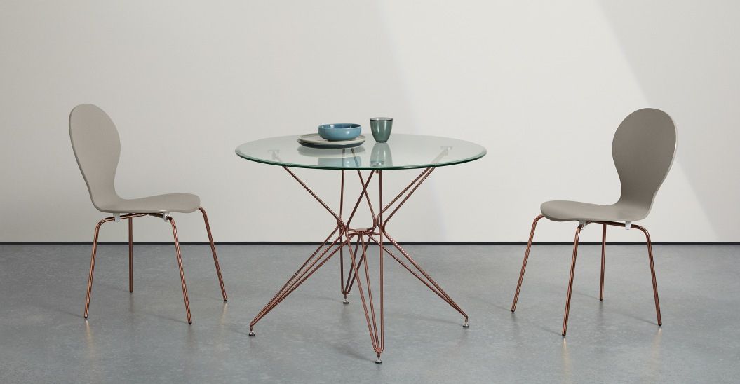 Most Recent Belden 4 Seat Round Dining Table, Glass And Copper Intended For Black Top  Large Dining Tables With Metal Base Copper Finish (View 19 of 20)