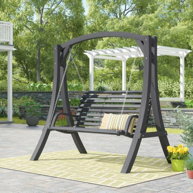 New Brandi Porch Swing With Stand, Solid Wood, Dark Gray, Water Resistant Within 3 Person Light Teak Oil Wood Outdoor Swings (View 7 of 20)