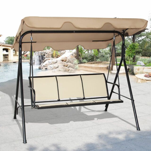 Outdoor Patio Canopy Swing Chair Steel 3 Person Hammock Garden Furniture  Brown With 3 Person Brown Steel Outdoor Swings (Photo 13 of 20)