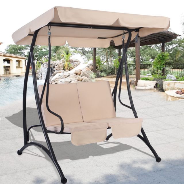 Outdoor Swing With Canopy 2 Person Patio Porch Steel Swing Double Hanging  Seat Regarding 3 Person Outdoor Porch Swings With Stand (View 6 of 20)