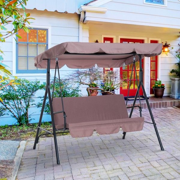 Outsunny Metal 3 Seater Outdoor Patio Swing With Canopy Cushioned Garden  Lounger Brown Intended For 3 Seater Swings With Frame And Canopy (Photo 12 of 20)