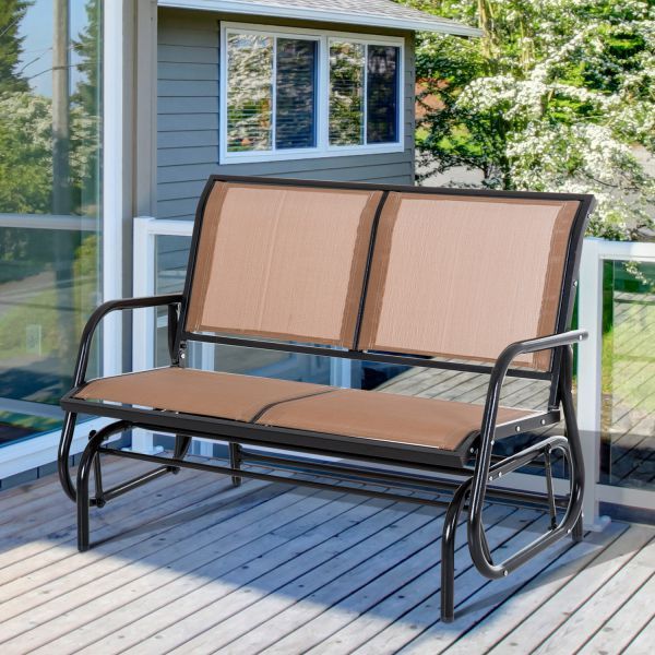 Outsunny Steel Sling Fabric Patio Outdoor Glider Double Swing Chair – Brown Within Outdoor Fabric Glider Benches (Photo 17 of 20)