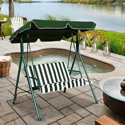 Patio Canopy Swing Glider Hammock Loveseat Cushioned Steel Frame Outdoor  Green | Ebay With 3 Seats Patio Canopy Swing Gliders Hammock Cushioned Steel Frame (Photo 9 of 20)