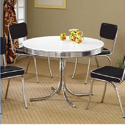 Popular 4 Seater Round Wooden Dining Tables With Chrome Legs Intended For Vintage Metal Dining Table 4 Person Round Kitchen Breakfast Nook Chrome  White 791321233764 (Photo 14 of 20)