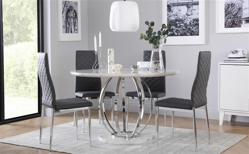 Savoy Round White Marble And Chrome Dining Table – With 4 Renzo Grey Chairs With Regard To Widely Used 4 Seater Round Wooden Dining Tables With Chrome Legs (Photo 6 of 20)