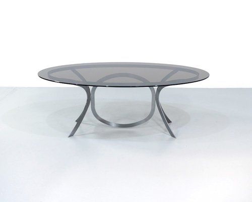 Smoked Oval Glasstop Dining Tables Inside Latest Large Space Age Stainless Steel Dining Table With Smoked Glass Top (View 6 of 20)