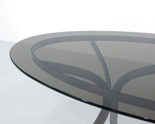 Smoked Oval Glasstop Dining Tables Intended For 2019 Large Space Age Stainless Steel Dining Table With Smoked Glass Top (Photo 8 of 20)