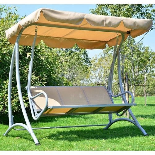 Sturdy 3 Person Outdoor Patio Porch Canopy Swing In Sand With 3 Person Outdoor Porch Swings With Stand (View 17 of 20)
