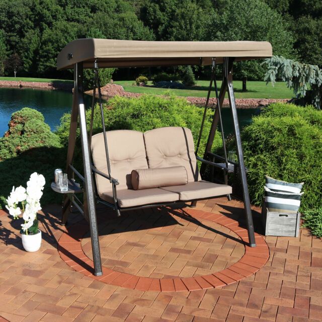 Sunnydaze 2 Person Outdoor Adjustable Tilt Canopy Patio Loveseat Swing –  Beige Inside 2 Person Adjustable Tilt Canopy Patio Loveseat Porch Swings (Photo 1 of 20)