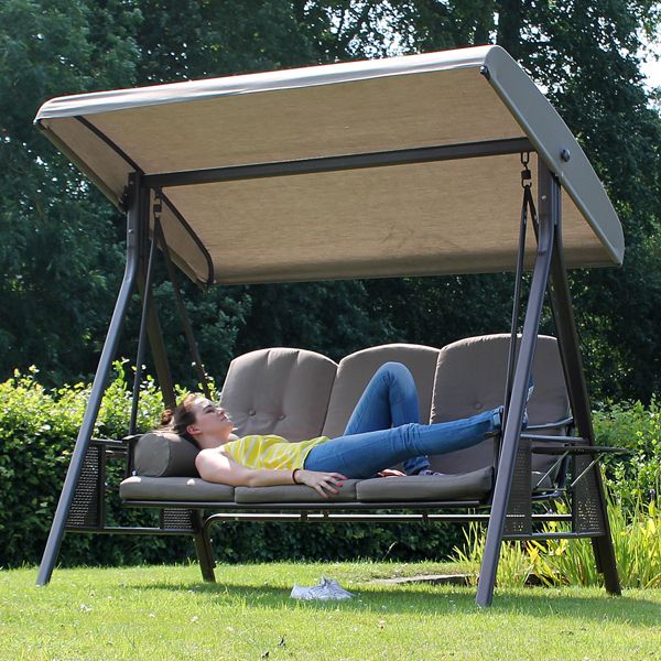 Tamarin 3 Seater Garden Swing Seat Plus Canopy And Luxury Beige Cushions Within 3 Seater Swings With Frame And Canopy (View 6 of 20)