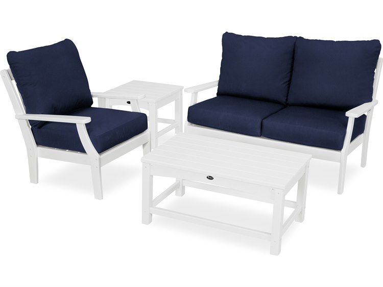 Trex Outdoor Furniture Yacht Club 4 Piece Deep Seating Set In Classic White  / Navy With Regard To Outdoor Furniture yacht Club 2 Person Recycled Plastic Outdoor Swings (View 18 of 20)