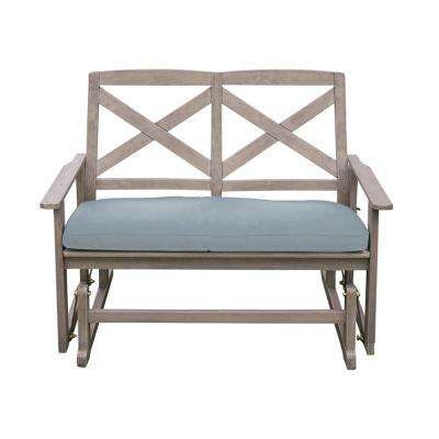 Tulle Wood Outdoor Glider Bench With Teal Cushion Regarding Glider Benches With Cushion (View 10 of 20)