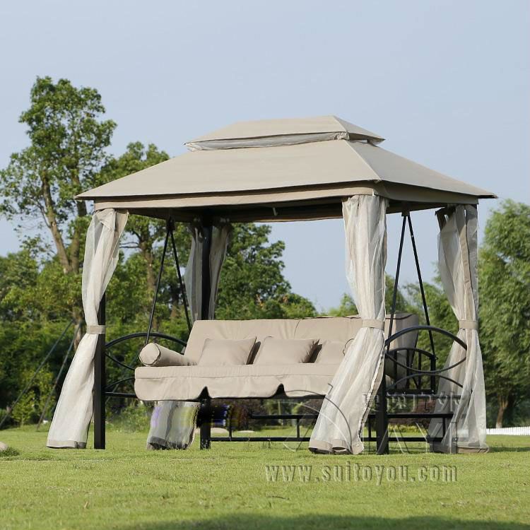 Us $390.0 |outdoor 3 Person Patio Daybed Canopy Gazebo Swing Tan W/ Mesh  Walls Hammock Outdoor Chair Swing Hammock Gazebo In Patio Swings From With Patio Gazebo Porch Canopy Swings (Photo 6 of 20)