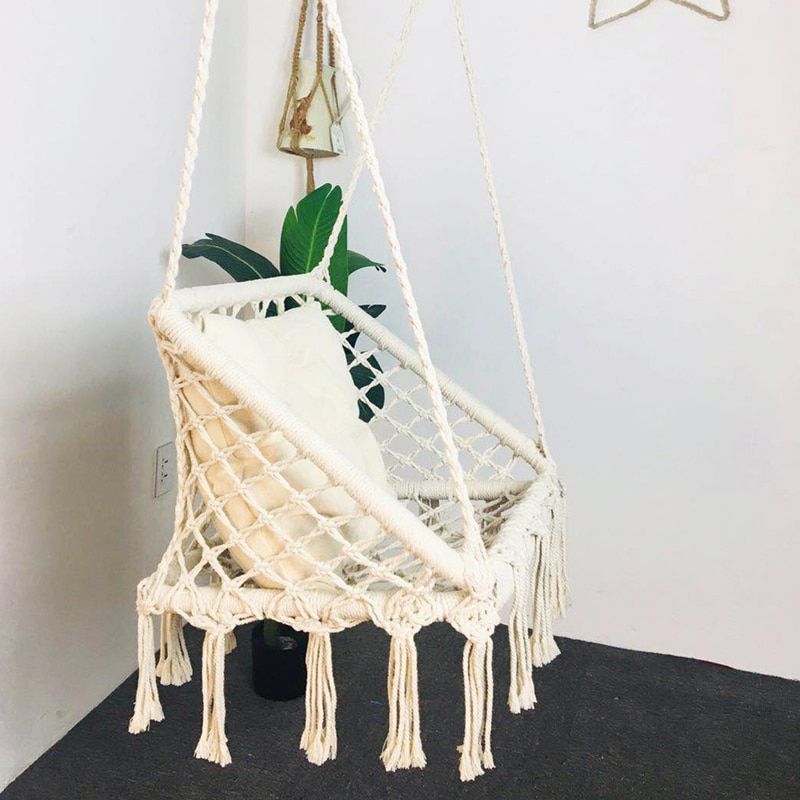 Us $44.08 37% Off|knitted Macrame Hammock Chair Hanging Cotton Rope Hammock  Children Toy Adult Tassel Swing Porch Outdoor Chair Rocking Furniture In With Regard To Cotton Porch Swings (Photo 3 of 20)