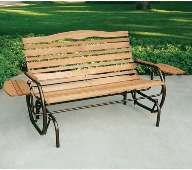Wood Glider Bench 2 Person Outdoor Patio Country Garden Porch Yard Loveseat  Tray Throughout Hardwood Porch Glider Benches (Photo 3 of 20)
