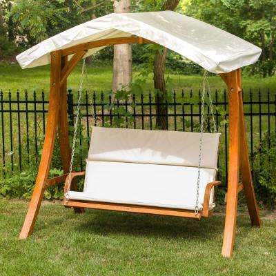 Wooden Patio Swing Seater With Canopy With Canopy Patio Porch Swings With Pillows And Cup Holders (Photo 16 of 20)