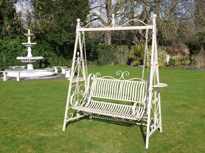 Wrought Iron French Cream Antique Style Garden Bench Swing Throughout 2 Person Antique Black Iron Outdoor Swings (Photo 9 of 20)