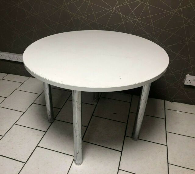Xd White Round 4 Seater Dining Room Bistro Table Canteen 100cm Desk Chrome  Legs Pertaining To Most Recently Released 4 Seater Round Wooden Dining Tables With Chrome Legs (Photo 4 of 20)