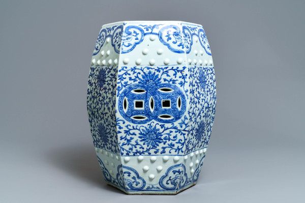 A Hexagonal Chinese Blue And White 'lotus Scroll' Garden Within Arista Ceramic Garden Stools (Photo 14 of 20)