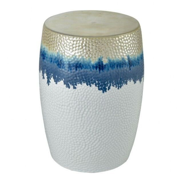 Beach Inspired Hammered Metal Drum Stool In White, Blue, And Gold Made Of Inside Janke Floral Garden Stools (Photo 15 of 20)