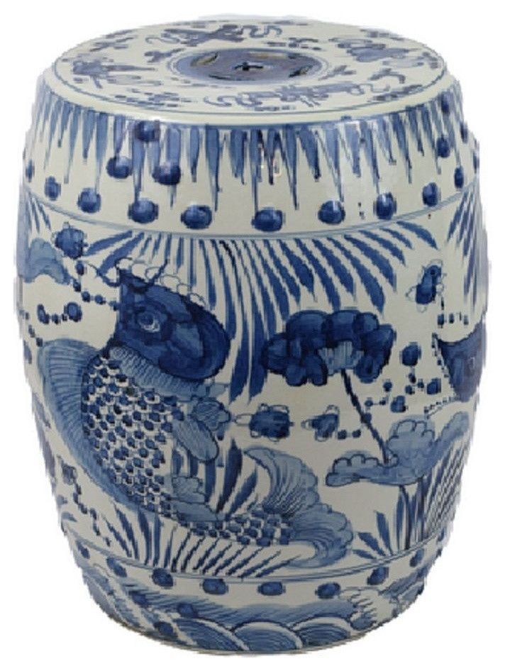 Blue And White Porcelain Fish Motif Garden Stool 19" With Williar Cherry Blossom Ceramic Garden Stools (View 6 of 20)