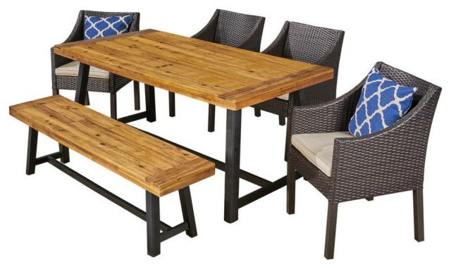 Gdf Studio 6 Piece Kane Outdoor Dining Set With Chairs And Bench, Teak With Brecken Teak Garden Benches (Photo 9 of 20)