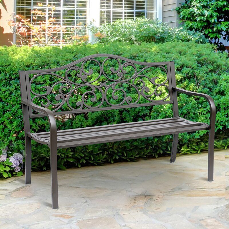 Kane Flower Pattern Cast Iron Garden Bench For Alvah Slatted Cast Iron And Tubular Steel Garden Benches (View 18 of 20)