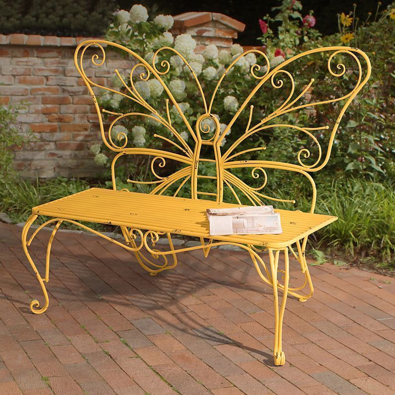 Outdoor Sunjoy Butterfly Patio Bench, Yellow | Patio Bench In Caryn Colored Butterflies Metal Garden Benches (View 15 of 20)