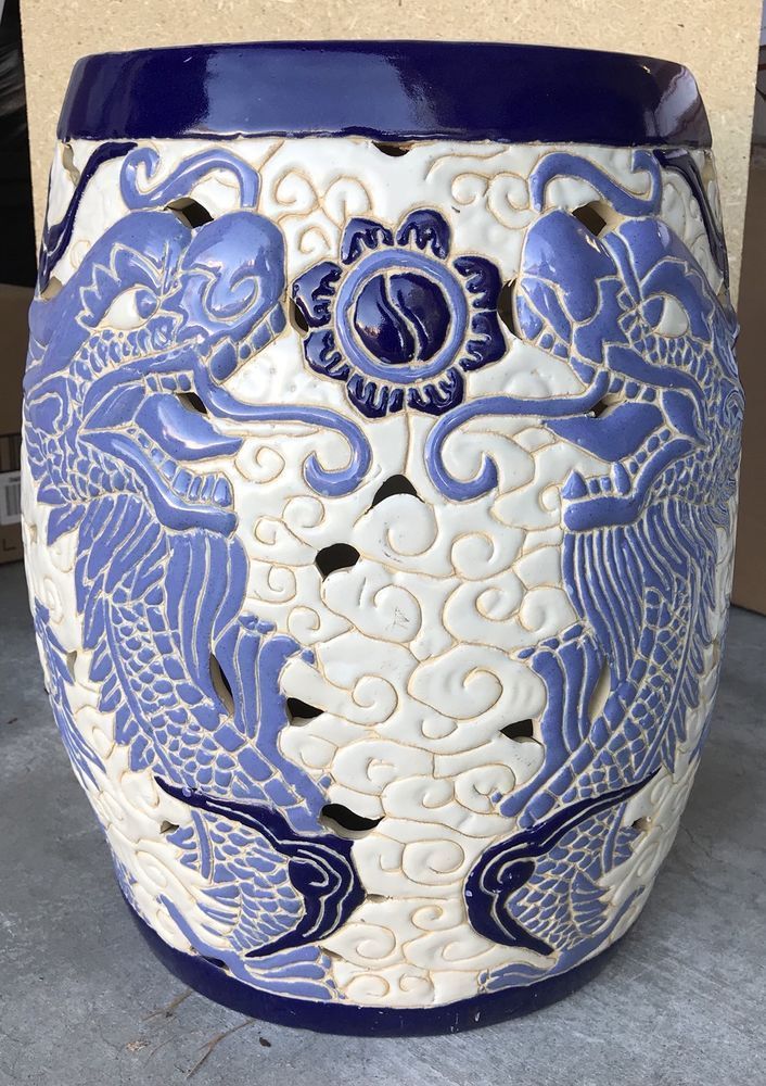 Vintage Chinese Asian Dragons Motif White And Blue Ceramic Throughout Dragon Garden Stools (Photo 1 of 20)
