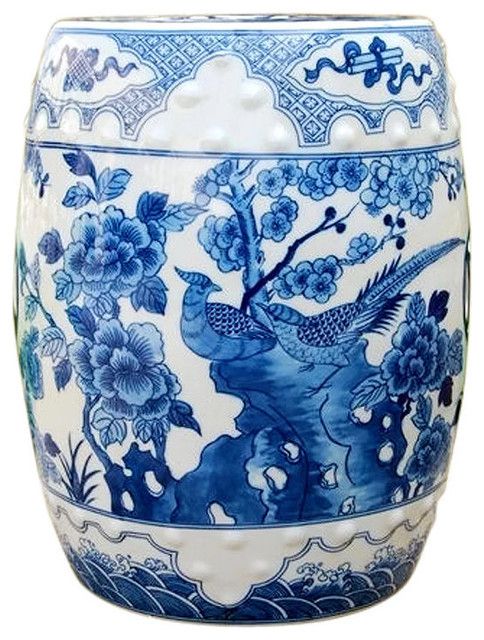 Vintage Style Blue And White Porcelain Garden Stool Bird Motif For Williar Cherry Blossom Ceramic Garden Stools (View 11 of 20)