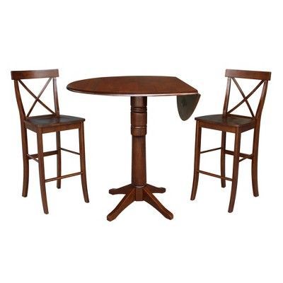 Bushrah Counter Height Pedestal Dining Tables For Most Current 42" Lana Round Pedestal Bar Height Table With Two Stools (Photo 16 of 20)