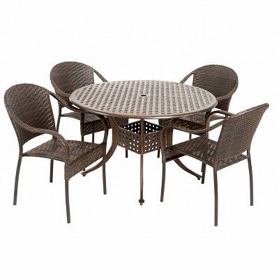 Crilly 23.6'' Dining Tables Inside 2020 Sunset 5pc Wicker And Cast Aluminum Dining Set – Bronze (Photo 18 of 20)