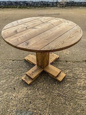 Dawna Pedestal Dining Tables Throughout Preferred Rustic Reclaimed Scaffold Board Industrial Style Round (View 18 of 20)