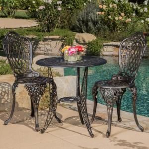 Deonte 38'' Iron Dining Tables With Well Known Cole Bronze 3 Piece Aluminum Round Outdoor Bistro Set (View 12 of 20)