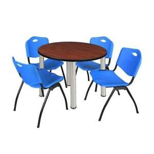 Famous Kee 42" Round Breakroom Table  Cherry/ Chrome & 4 'm Throughout Round Breakroom Tables And Chair Set (View 12 of 20)
