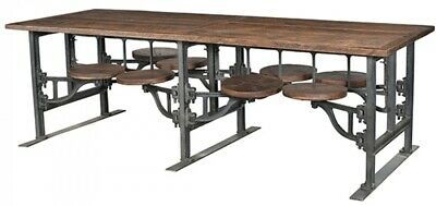 Favorite 100" L Dining Table 8 Attached Stools Industrial Iron Base In Deonte 38'' Iron Dining Tables (Photo 11 of 20)