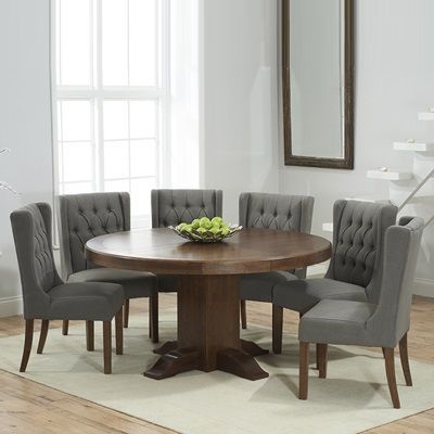 Newest Menifee 36'' Dining Tables With Trina Dark Solid Oak Round Dining Table With 6 Sophia Grey (View 18 of 20)