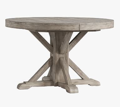 Popular Benchwright Round Pedestal Extending Dining Table – Gray Pertaining To Katarina Extendable Rubberwood Solid Wood Dining Tables (View 19 of 20)