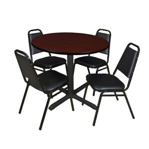 Recent Cain 36" Round Breakroom Table  Mahogany & 4 Restaurant Regarding Round Breakroom Tables And Chair Set (Photo 7 of 20)