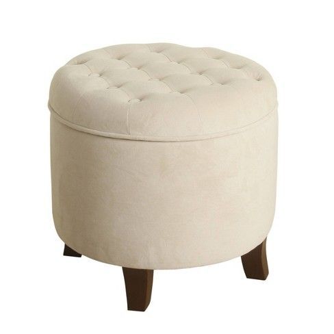 Trendy Velvet Tufted Round Ottoman With Storage Cream – Homepop For Collis Round Glass Breakroom Tables (Photo 11 of 20)