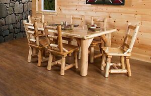 Widely Used Steven 55'' Pedestal Dining Tables Throughout Rustic White Cedar Log Family 72" Dining Table Set With 6 (Photo 12 of 20)
