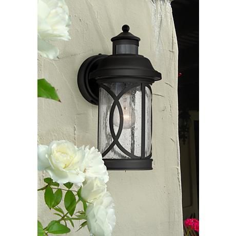 Capistrano 12 3/4"h Black Motion Sensor Outdoor Wall Light In Emaje Black Seeded Glass Outdoor Wall Lanterns (View 13 of 20)