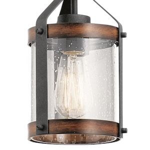 Kichler Barrington Distressed Black And Wood Rustic Seeded Regarding Robertson 2 – Bulb Seeded Glass Outdoor Wall Lanterns (Photo 13 of 20)