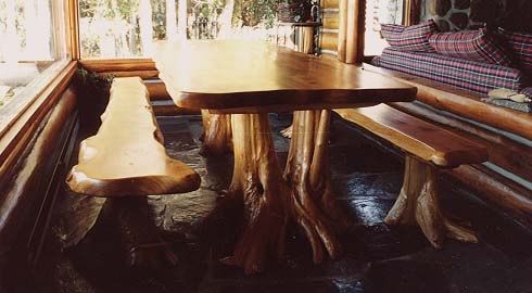Cedar Dining Table With Stump Base – Stained – Shown With With Most Current Rustic Honey Dining Tables (View 17 of 20)