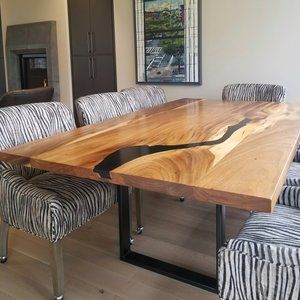 Dark Walnut And Black Dining Tables In Most Popular 8' Monkeypod Dining Table W/ Jet Black Epoxy Fill (View 16 of 20)
