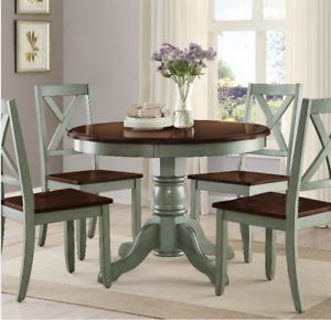 Round Pedestal Dining Table Set 4 Chairs Brown Green Solid Regarding Favorite Brown Dining Tables (View 11 of 20)