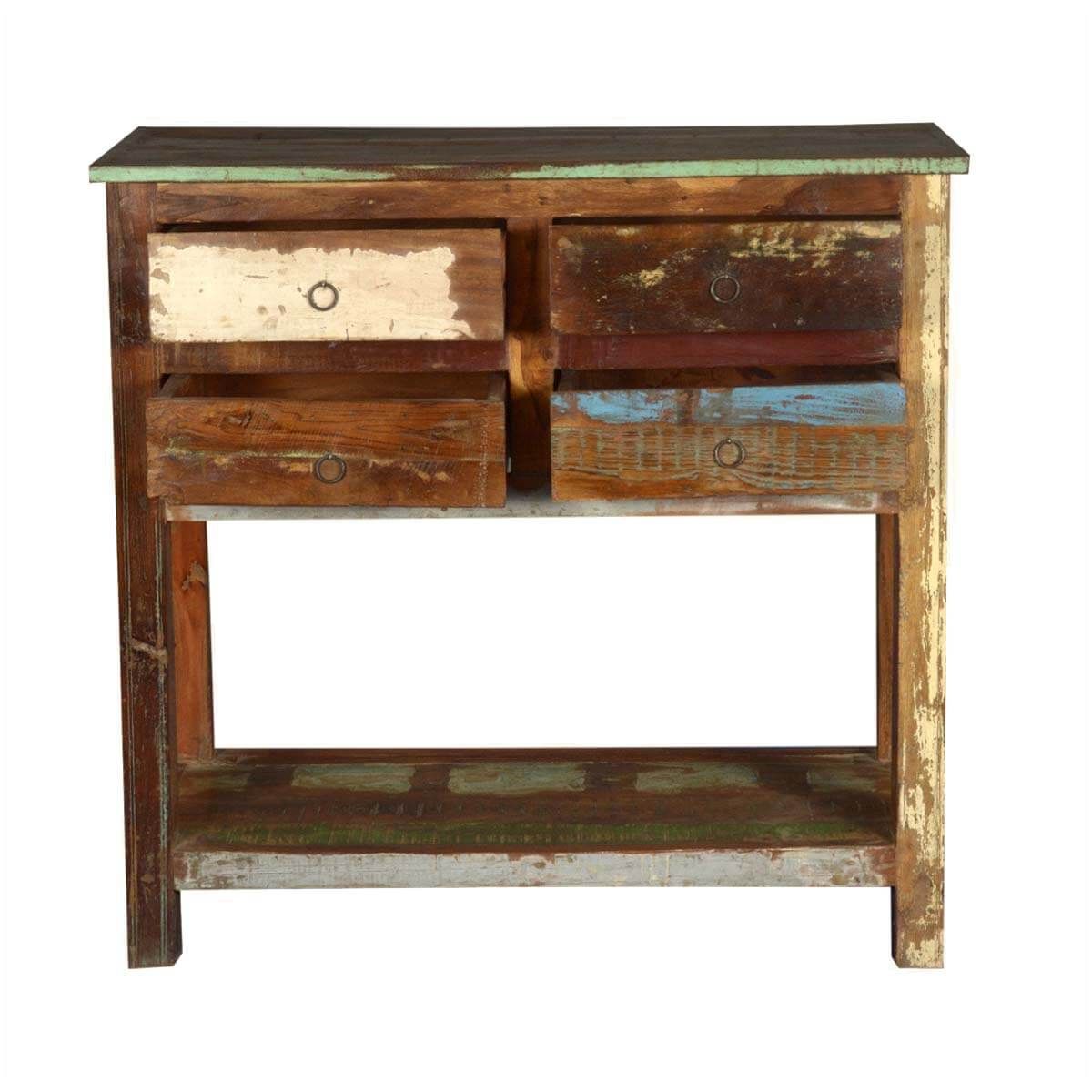 2 Tier Reclaimed Wood Console Table With 4 Drawers In Barnwood Console Tables (Photo 12 of 20)