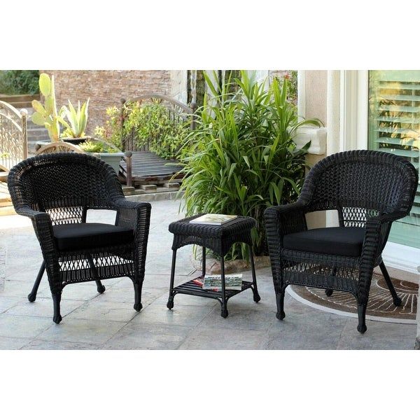 3 Piece Black Resin Wicker Patio Chairs And End Table Regarding Black And Tan Rattan Console Tables (Photo 3 of 20)